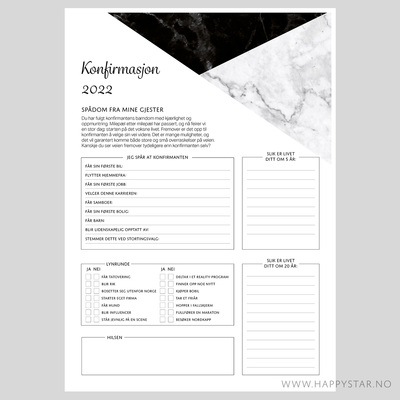 Spådomsark  til konfirmasjon Svart marmor - Happystar