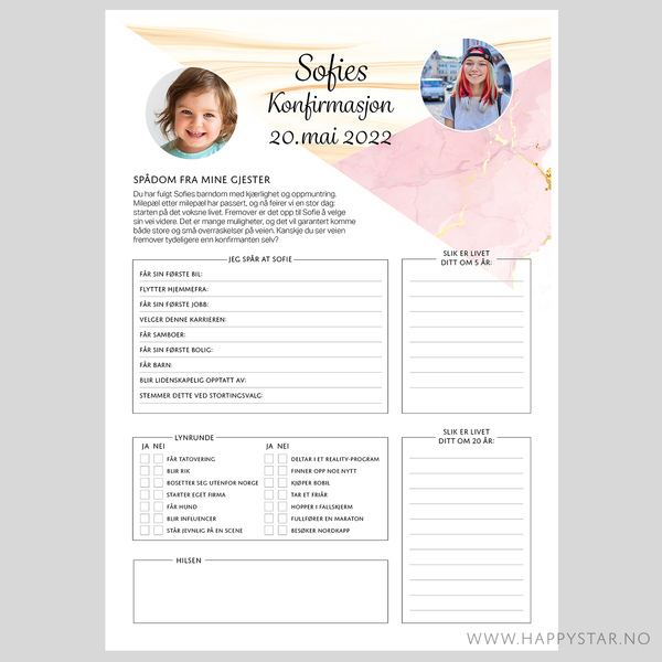 Personlig spådomsark til konfirmasjon