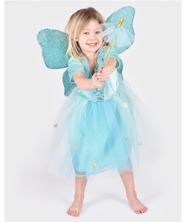 Den gode feen Fe turkis kjole med englevinger og stav 8-9år