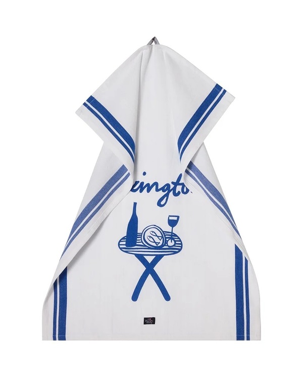 Kjøkkenhåndkle med trykk i bomullstwill, hvit/blå