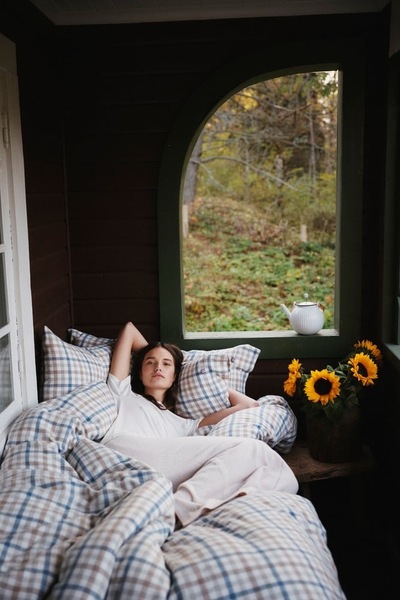 Rutete Sengesett i Bomullsflanell  Dempet Blå/Hvit - Lexington