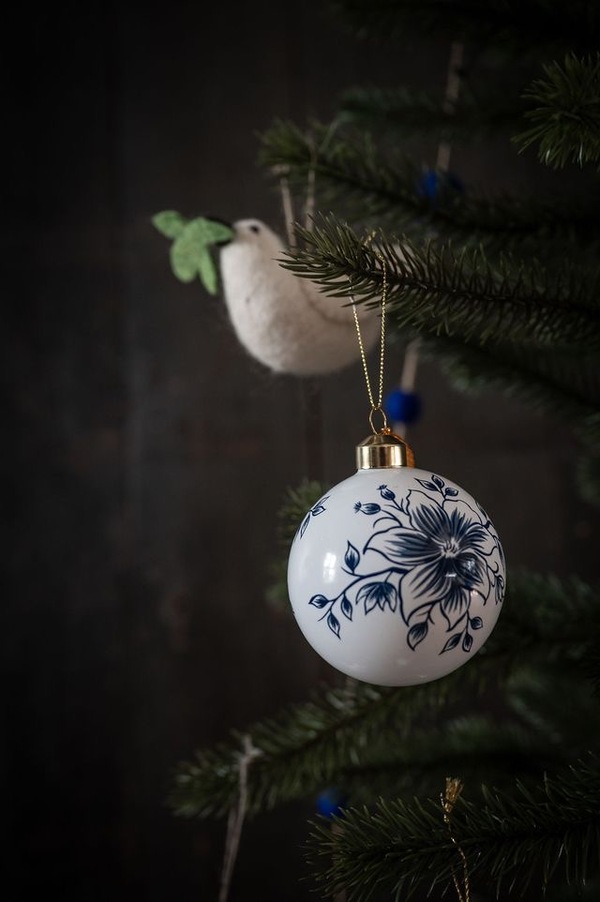 Glasskule Hvit m/Blå Blomster