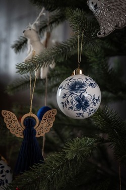 Glasskule Hvit m/Blå Blomster