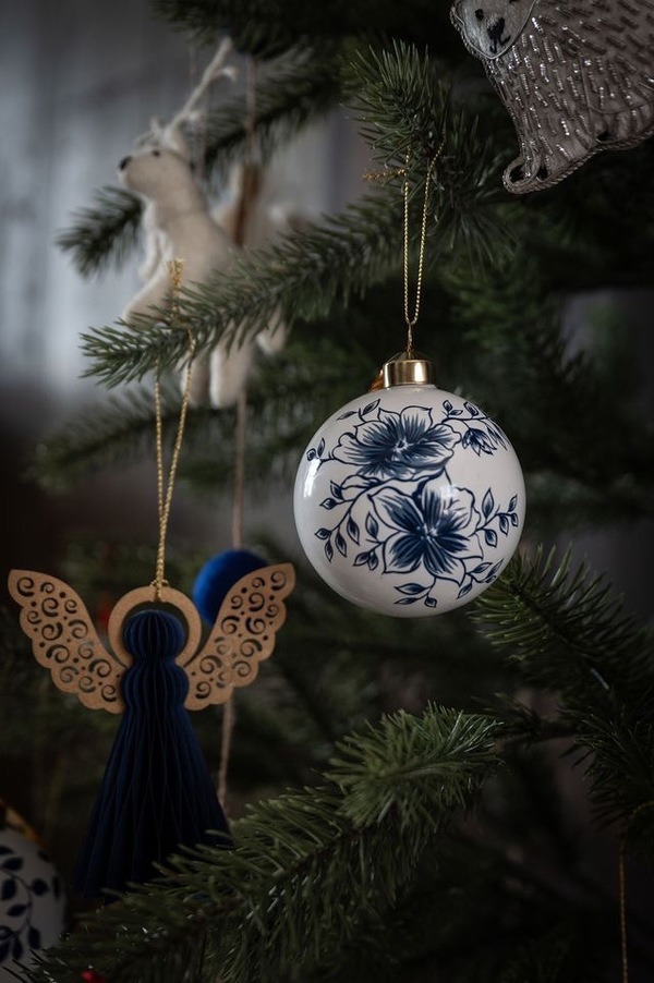 Glasskule Hvit m/Blå Blomster