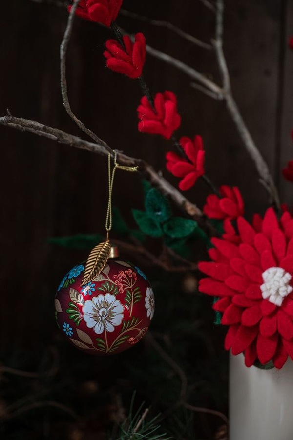 Glasskule Matt Rød m/Blomster 