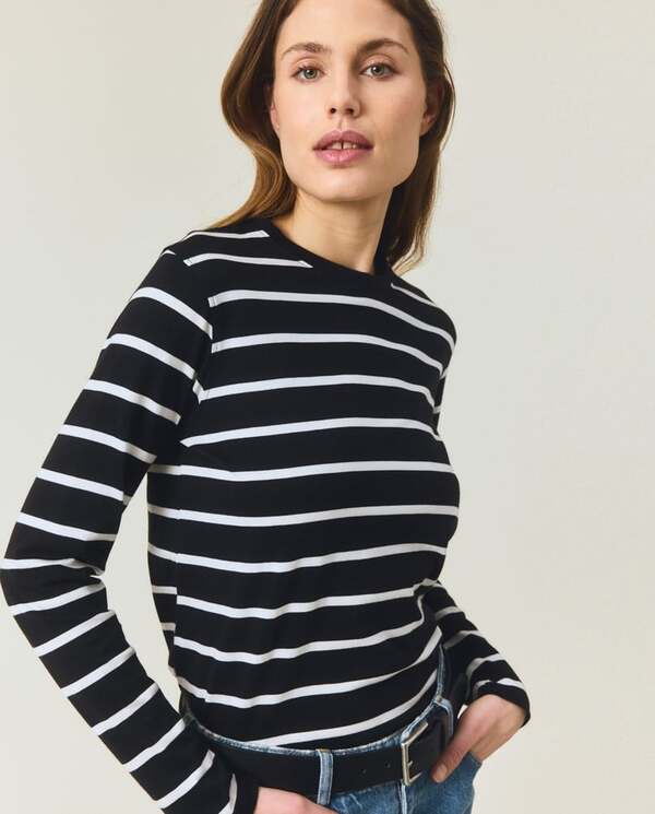 Langermet bommuls-t-skjorte,svart/hvite striper