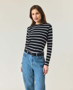 Langermet bommuls-t-skjorte,svart/hvite striper