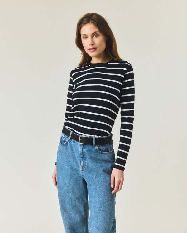 Langermet bommuls-t-skjorte,svart/hvite striper