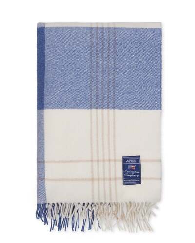 Blå/beige rutet pledd i resirkulert ull Misty Blue/Beige/White - Lexington