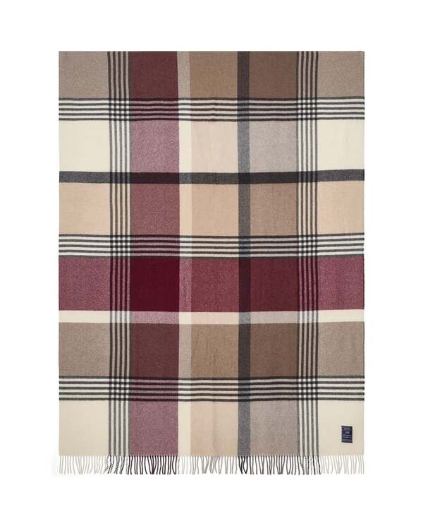 Stein/burgunder rutet pledd i resirkulert ull