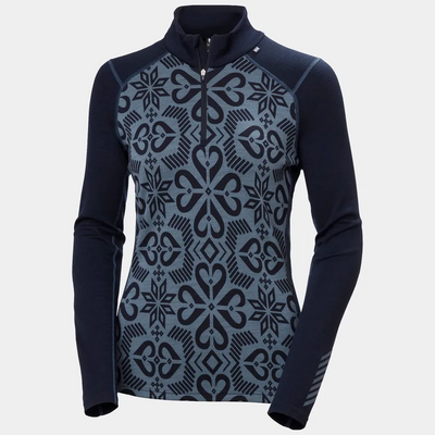 hh LIFA® Merino Midweight Graphic Half-Zip Base Layer Dame Navy Nordic - Helly Hansen