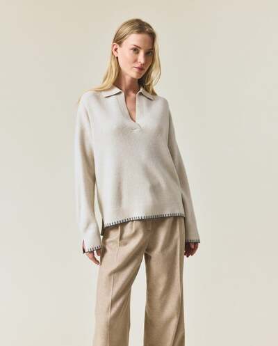 Strikket polo-genser i merinoull Offwhite - Lexington