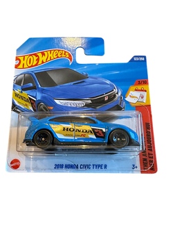 Hot Wheels 1:64 - 2018 Honda Civic Type R - 3/10 Then and now Blå bil med gul dekor - Hot Wheels