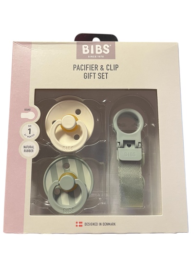 BIBS COLOUR PACIFIER & LOOP CLIP GIFT SET - SIZE 1( 0MND+) NATURAL RUBBER Sage - Bibs