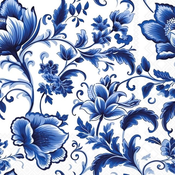 Napkin Delft Blue Florals - Lunsj 33x33cm, 20stk