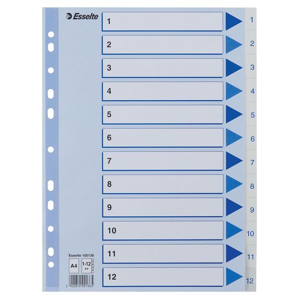 Register ESSELTE A4 plast 1-12 blå/hvit