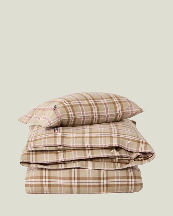 Lexington Rutete Sengesett i Bomullsflanell - Fudge/Beige/Fig