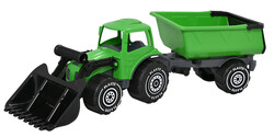 PLASTO Tractor with frontloader & trailer 56,5 cm Grønn traktor med henger - plasto