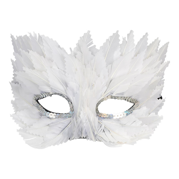HALF MASK VENETIAN FEATHERS WHITE