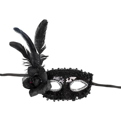 HALF MASK BLACK WITH FEATHERS Svart med fjær - Halloween