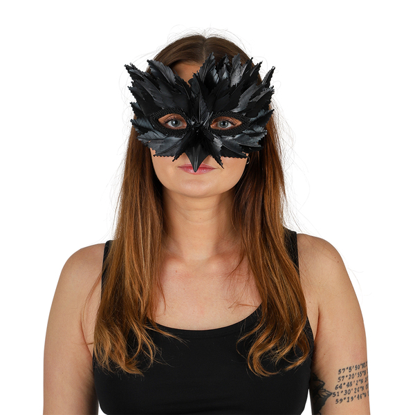 HALF MASK VENETIAN FEATHERS BLACk